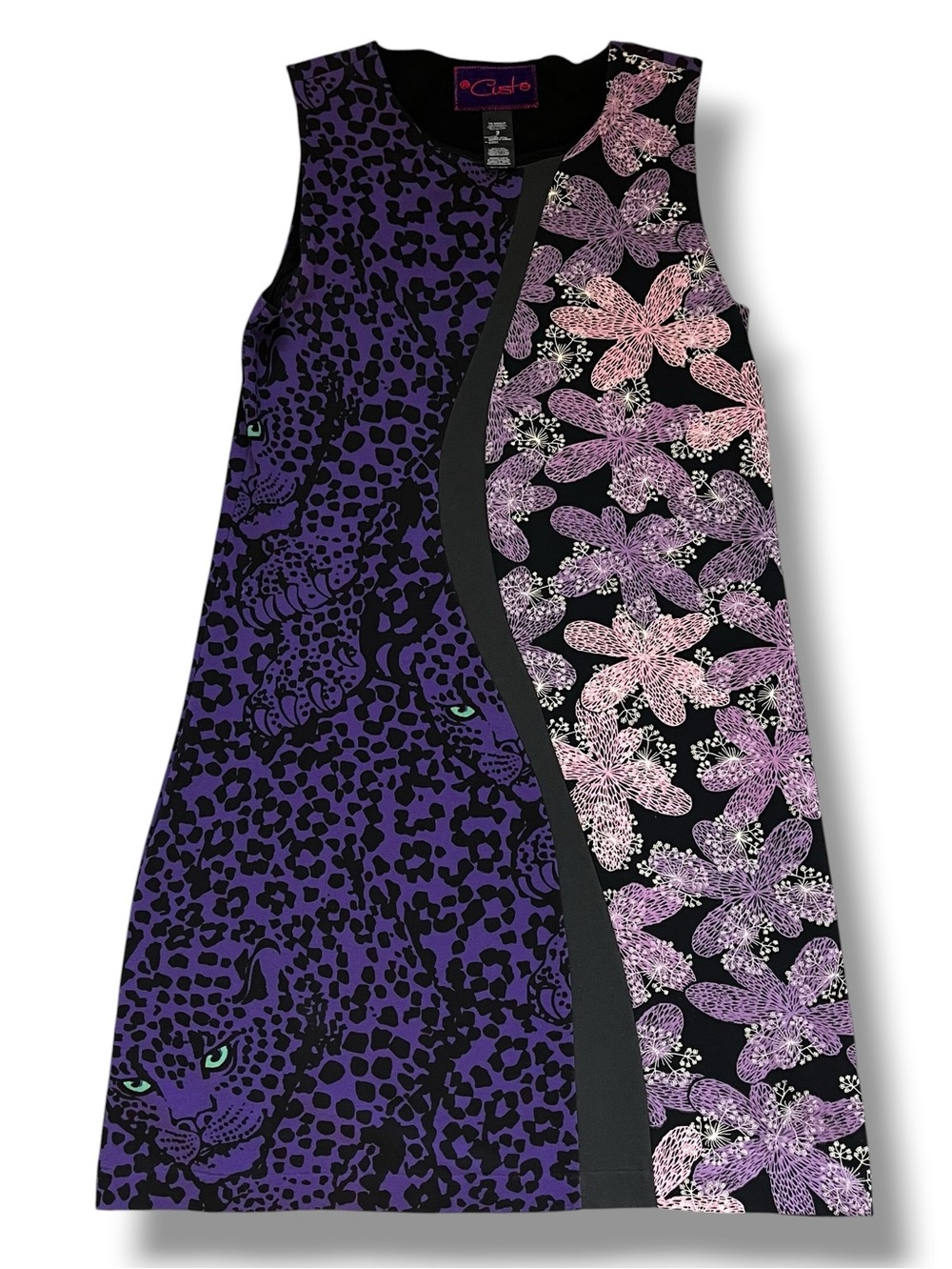 Y2K Custo Barcelona Knit Shift Dress Small Animal Print/Floral Boho Artsy Purple